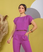 Conjunto de Calça Cenoura e Blusa Manga Reta em Tecido Air Flow - Marina - Roxo