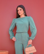 Conjunto Alfaiataria de Calça Wide leg e Blusa Manga Longa em Crepe Larissa - Selena - Verde Esmeralda