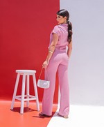 Conjunto de Calça Pantalona e Blusa Manga Reta em Linho Rústico - Nathália - Rosé