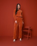 Conjunto de Calça Flare e Blusa Manga Longa em Veludo - Amélia - Terracota