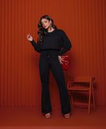 Conjunto de Calça Flare e Blusa Manga Morcego em Canelado - Andrielly -Preto
