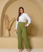 Calça Feminina Wide Leg Cargo em Linho Rústico - Simone - Verde Pistache