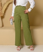 Calça Feminina Wide Leg Cargo em Linho Rústico - Simone - Verde Pistache