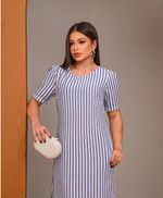 Vestido Midi com Fendas Laterais Listrado - Rute - Azul Marinho
