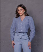 Camisa Feminina Manga Longa com Decote V em Tricoline Listrada - Sônia - Azul Jeans