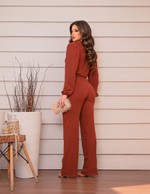 Conjunto Alfaiataria de Calça Wide leg e Blusa Manga Longa em Crepe Larissa - Selena - Marrom Cobre