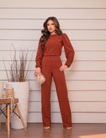 Conjunto Alfaiataria de Calça Wide leg e Blusa Manga Longa em Crepe Larissa - Selena - Marrom Cobre