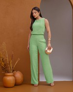 Conjunto de Calça Pantalona e Blusa Regata em Tecido Air Flow - Raquel - Verde Lima Mescla