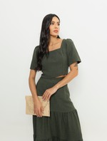 Conjunto Blusa de Decote Quadrado e Saia Longa - Rafaela - Verde Militar