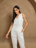 Conjunto Blusa Regata Decote V Cintura com elástico Alfaiataria Bordada - Maísa - Off White