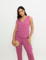 Conjunto Blusa Regata Decote V Cintura com elástico Alfaiataria Bordada - Maísa - Roxo