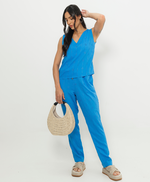 Conjunto Blusa Regata Decote V Cintura com elástico Alfaiataria Bordada - Maísa - Azul 