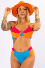 Calcinha Biquíni  Malibu Tira Dupla Lateral Laranja e Pink