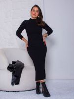Vestido Feminino Midi Manga Longa com Fenda Amanda