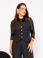 Colete Feminino Tweed com Botões Dourados Milena 