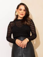 Blusa Feminina de Renda Transparente Manga Longa com Top Incluso Betina