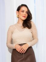 Blusa Feminina de Renda Transparente Manga Longa com Top Incluso Betina