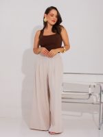 Calça Feminina Alfaiataria Wide Leg Cintura Média com Pregas Bruna