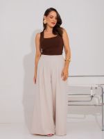 Calça Feminina Alfaiataria Wide Leg Cintura Média com Pregas Bruna
