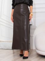 Saia Feminina Couro Eco Midi Justa com Fenda Atrás Erica