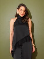 Blusa Feminina Acetinada Gola Alta com Renda Olívia