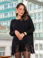 Blusa Feminina de Tricô com Franjas Ampla Alongada Estela