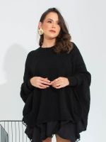 Poncho Feminino de Tricô Trançado Gola Careca Cris