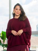 Poncho Feminino de Tricô Trançado Gola Careca Cris