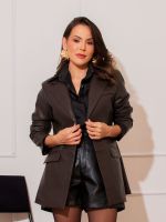 Blazer Feminino Couro Eco Acinturado com Bolsos e Forro Natália