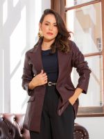 Blazer Feminino Couro Eco Acinturado com Bolsos e Forro Natália