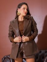 Blazer Feminino Couro Eco Acinturado com Bolsos e Forro Natália