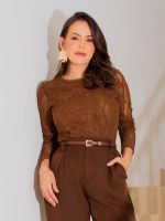 Body Feminino de Renda Manga Longa com Forro Luana