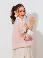 Blusa Feminina de Tricô com Bordado Floral Manga Longa Luiza