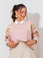 Blusa Feminina de Tricô com Bordado Floral Manga Longa Luiza