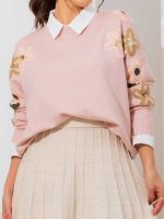 Blusa Feminina de Tricô com Bordado Floral Manga Longa Luiza
