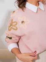 Blusa Feminina de Tricô com Bordado Floral Manga Longa Luiza