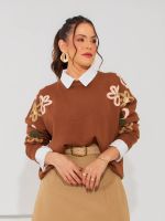 Blusa Feminina de Tricô com Bordado Floral Manga Longa Luiza