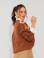 Blusa Feminina de Tricô com Bordado Floral Manga Longa Luiza