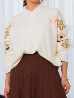 Blusa Feminina de Tricô com Bordado Floral Manga Longa Luiza