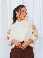 Blusa Feminina de Tricô com Bordado Floral Manga Longa Luiza