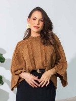Blusa Feminina de Tricô Trançada Gola Redonda Manga Ampla Aylla