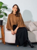 Blusa Feminina de Tricô Trançada Gola Redonda Manga Ampla Aylla