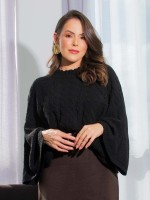 Blusa Feminina de Tricô Trançada Gola Redonda Manga Ampla Aylla