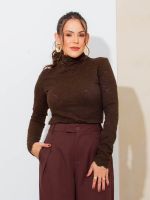 Blusa Feminina de Renda Manga Longa Gola Alta Luana