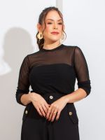 Blusa Feminina de Tule Transparente Manga Longa Jade