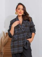 Blazer Feminino Xadrez Lã Batida com Bolsos Frontais Charlotte