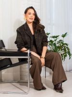 Blazer Feminino Xadrez Lã Batida com Bolsos Frontais Charlotte
