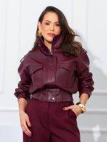 Jaqueta Feminina Bomber Couro Eco com Bolsos Frontais Isadora