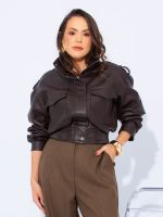 Jaqueta Feminina Bomber Couro Eco com Bolsos Frontais Isadora