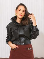 Jaqueta Feminina Bomber Couro Eco com Bolsos Frontais Isadora